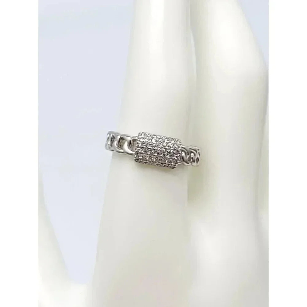 Sterling Silver .925 Chain Link Pave Clear Rhinestone Ring Size 8.5